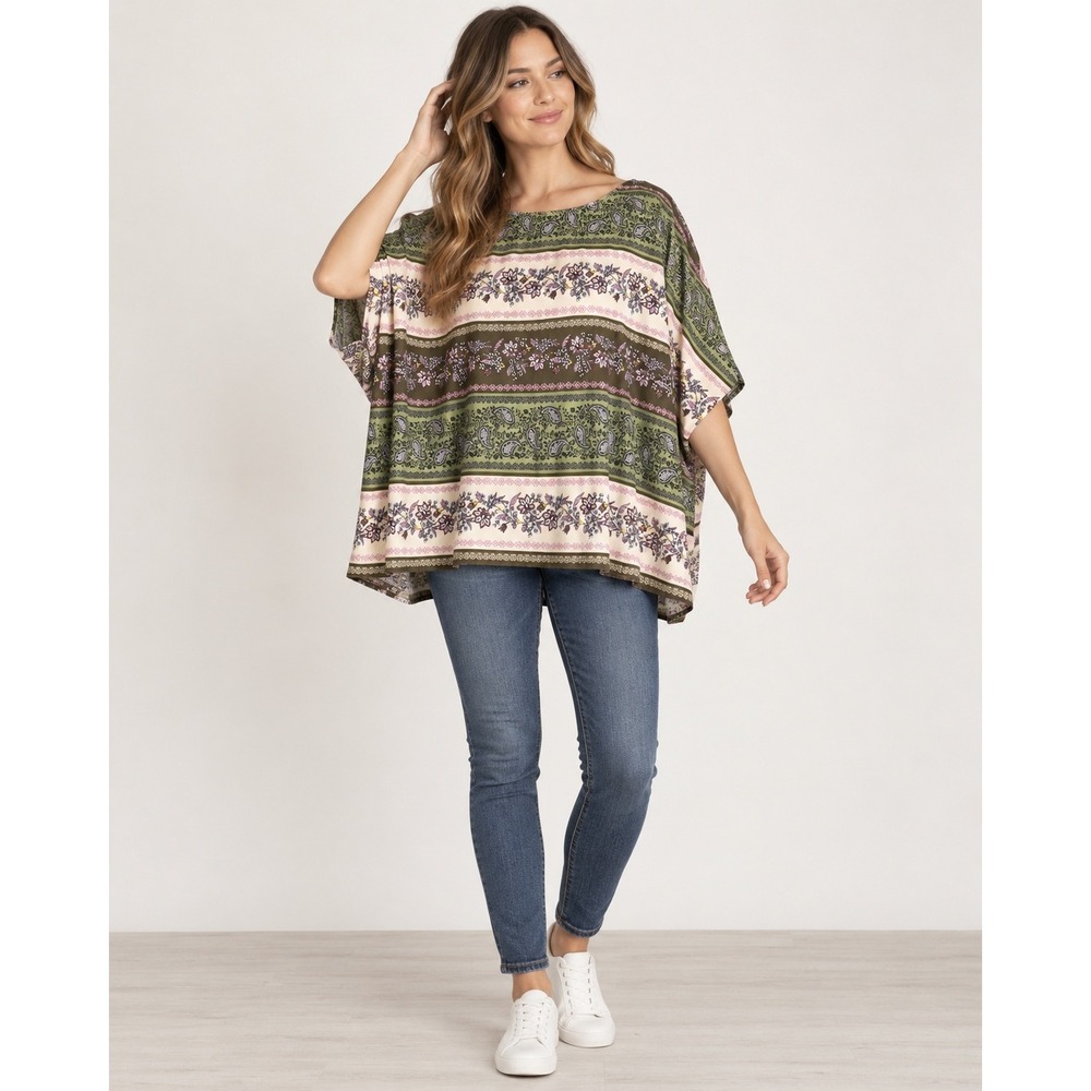 Easel Los Angeles Boho Paisley Floral Dolman Sleeve Oversized Top Green Brown